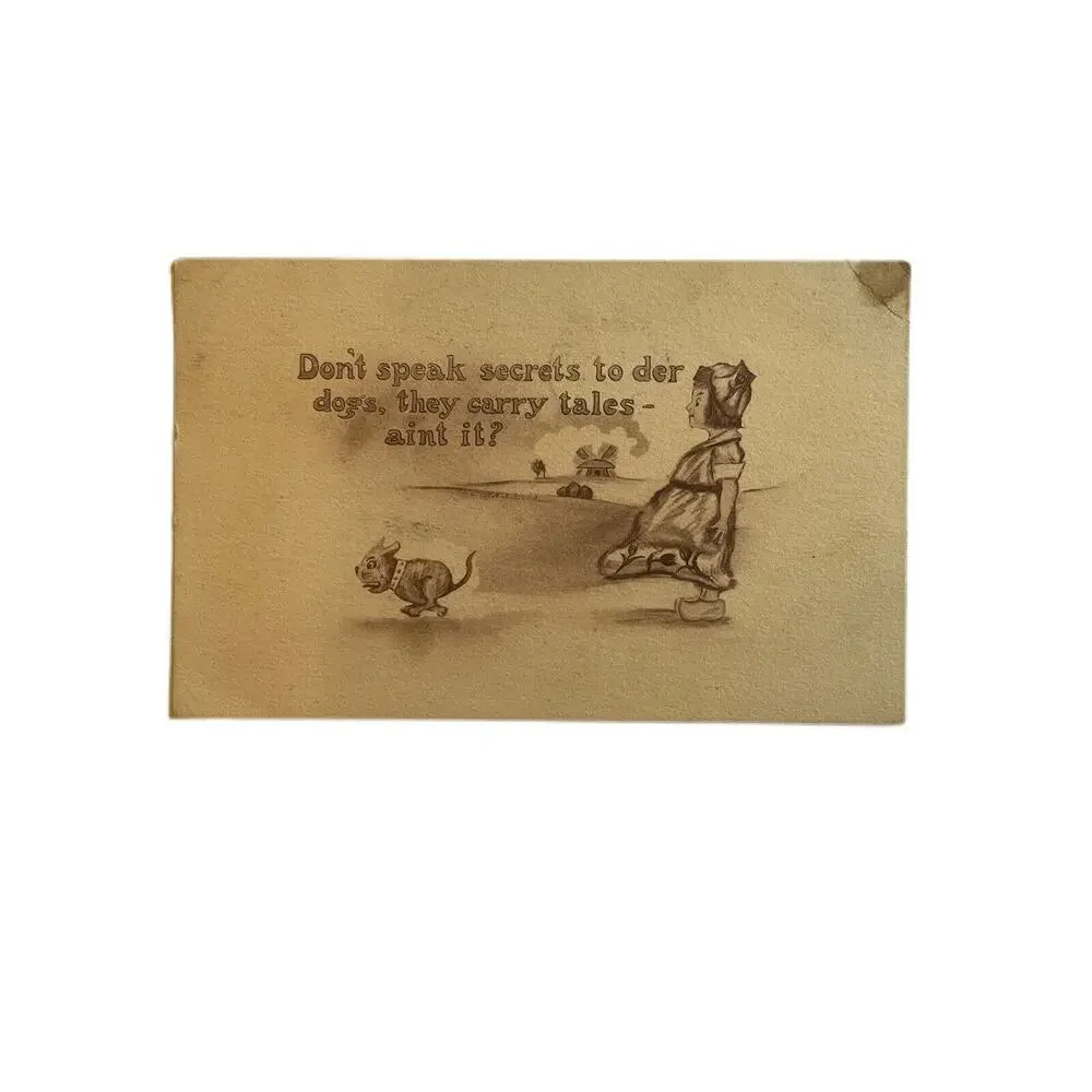 Antique 1911 Ephemera Postcard Humorous Message Dutch Girl Dog Windmill Posted